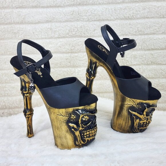 Gold / Brass Skull & Bones Red LED Platform 8" Heels Pole Shoes Vortex - Picture 4 of 14